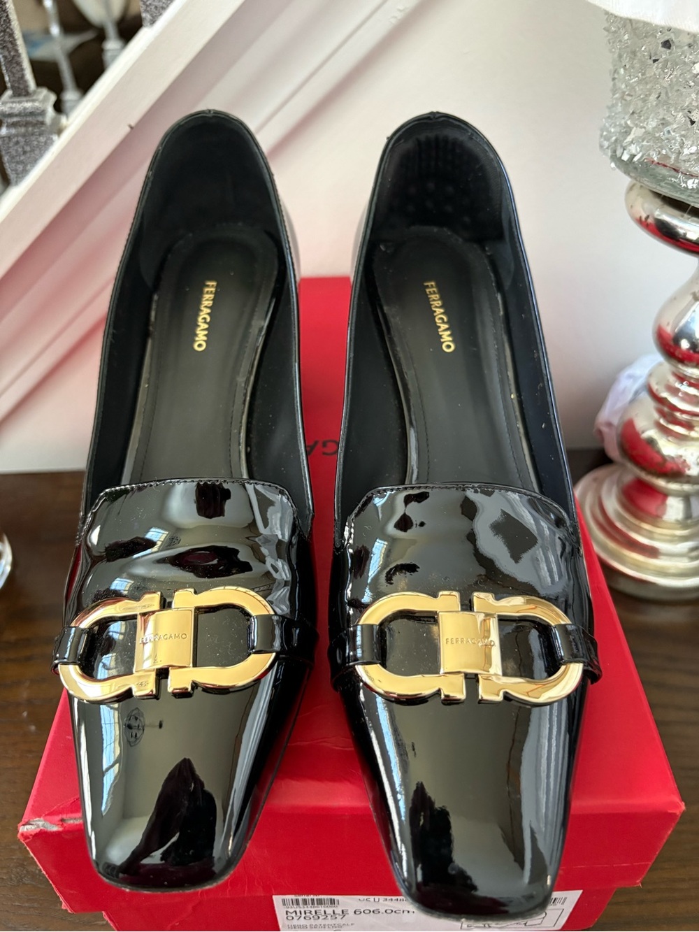 Salvatore Ferragamo Black Patent Leather Loafers with Gold Buckle